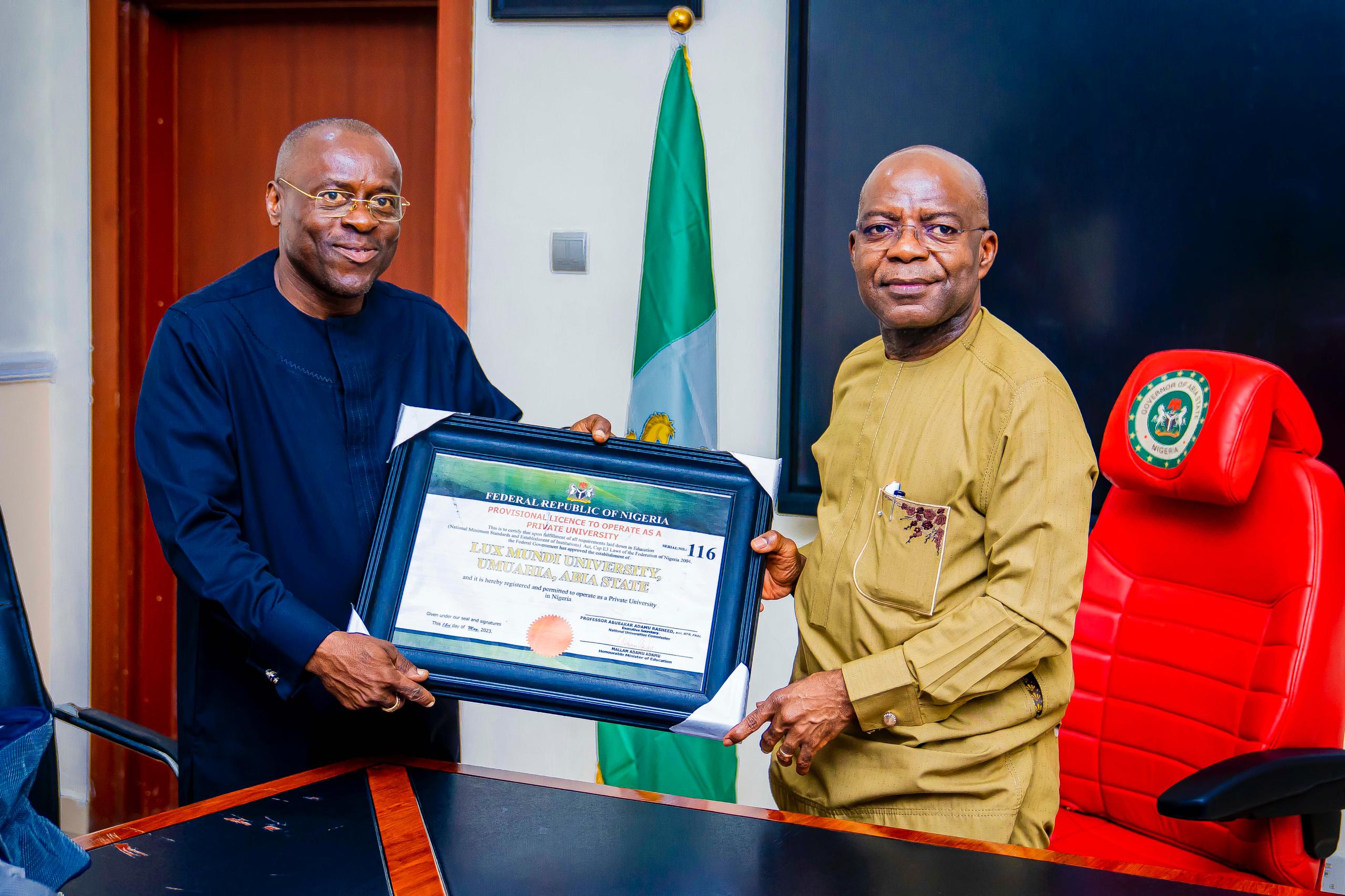 Otti Welcomes First Private University To Operate In Umuahia, Abia State Capital